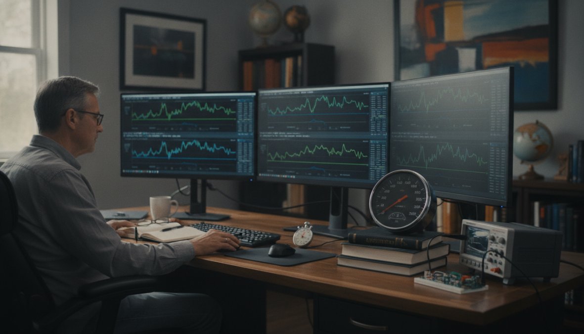 Trader at desk reviewing performance metrics on multiple monitors displaying equity curves, win rate statistics, and Sharpe ratio calculations with green and red trading data