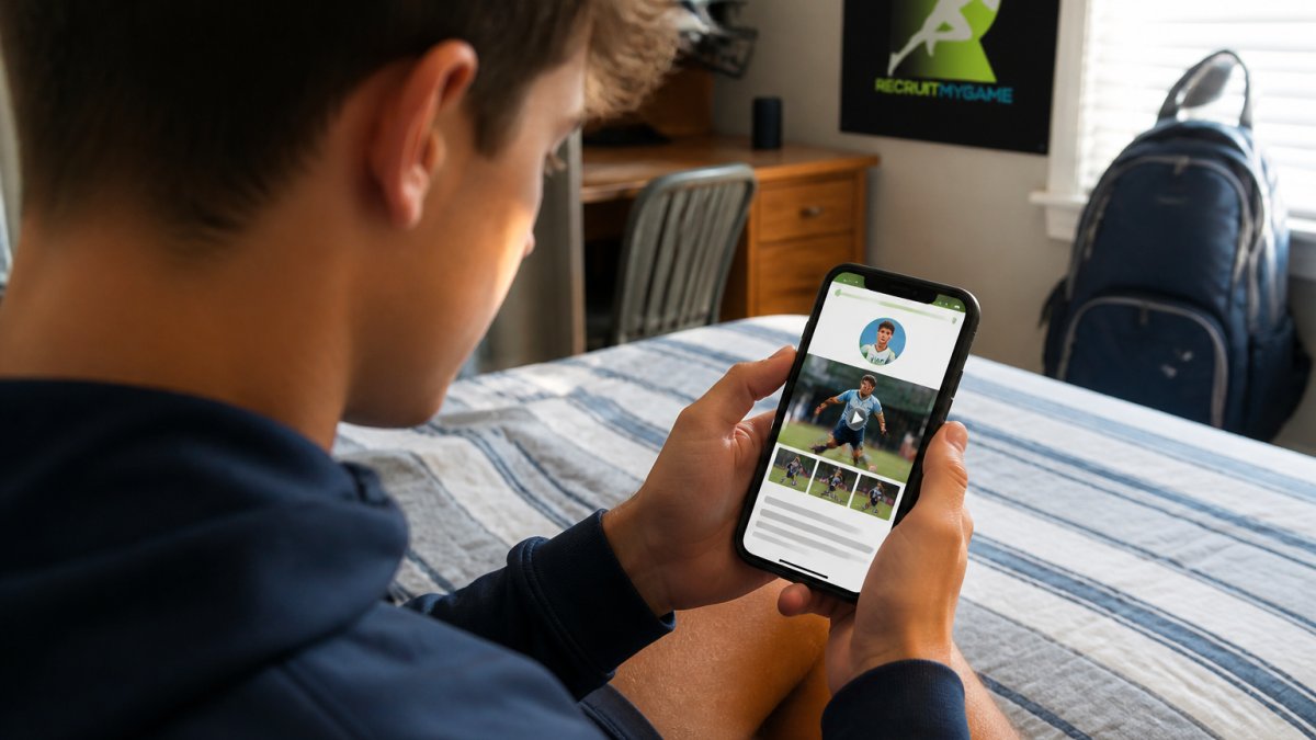 High school student-athlete holding smartphone while reviewing their recruiting profile on mobile, with clear view of profile layout and highlight video thumbnail visible on screen in natural lighting
