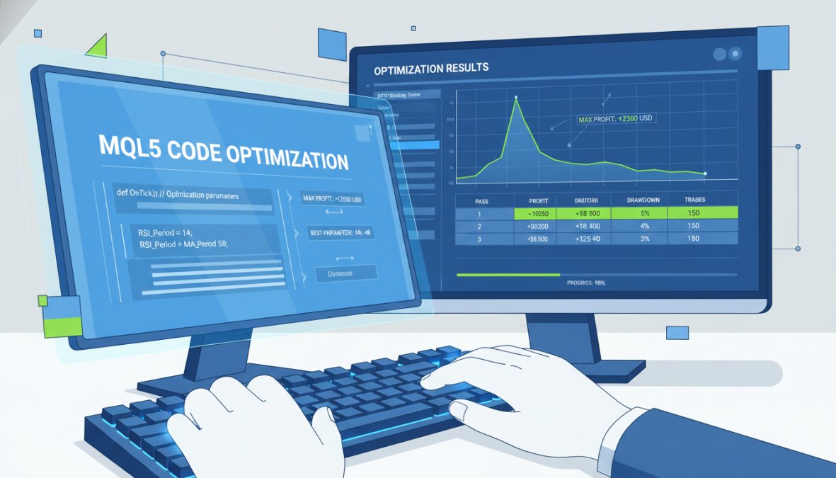 Close-up of hands typing MQL5 code on a mechanical keyboard, a secondary monitor in soft focus behind showing MT5 Strategy Tester optimization results on screen