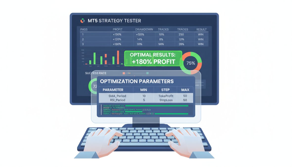 Focused trader at a multi-monitor desktop trading workstation displaying MetaTrader 5 charts and automated system dashboards, warm late afternoon sunlight across the desk in a professional home office setting