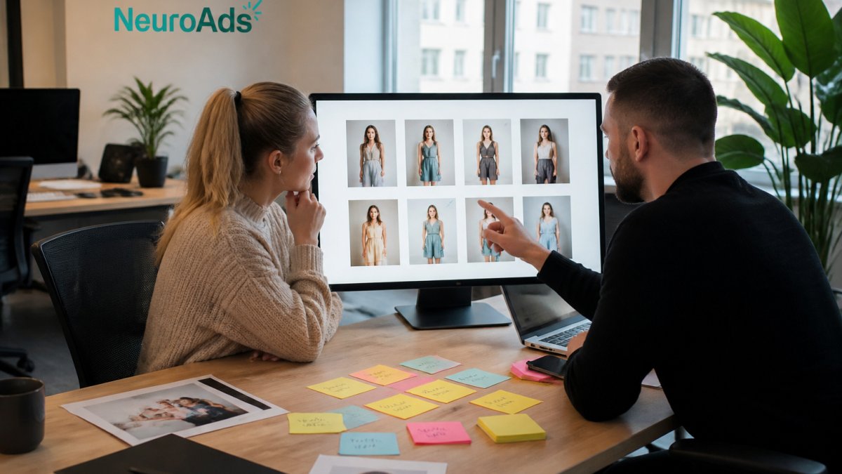 Paid media manager and strategist reviewing ad variants for creative testing on a monitor in a bright office