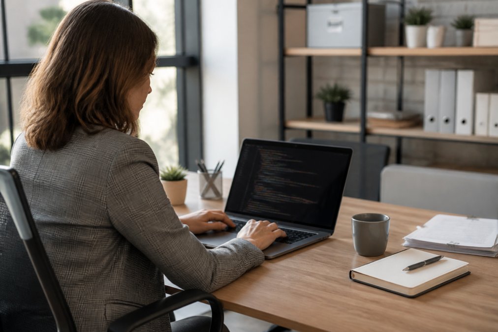A marketing manager reviewing schema markup code on a laptop screen in a modern office, notepad and coffee nearby, soft window light