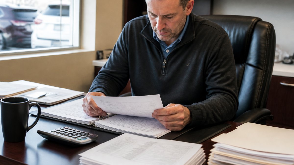 Finance director or dealership manager reviewing printed vendor contracts and invoices at a desk with a calculator, spreadsheet, and coffee cup, focused and analytical in natural office lighting