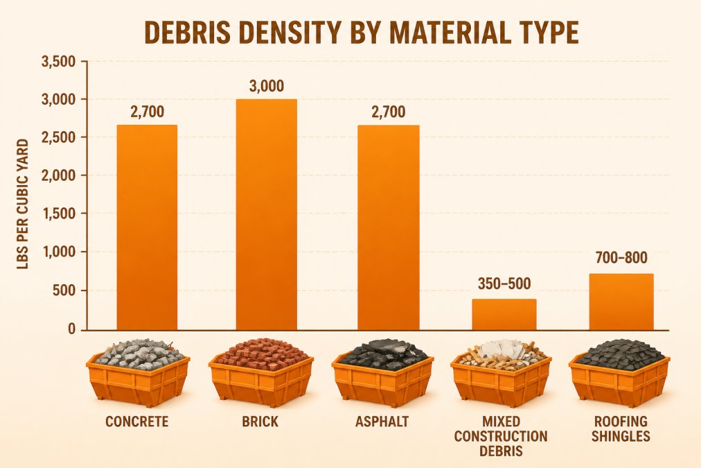 Bar chart comparing debris density by material type: concrete 2,700 lbs/cubic yard, brick 3,000 lbs/cubic yard, asphalt 2,700 lbs/cubic yard, mixed construction debris 350-500 lbs/cubic yard, roofing shingles 700-800 lbs/cubic yard