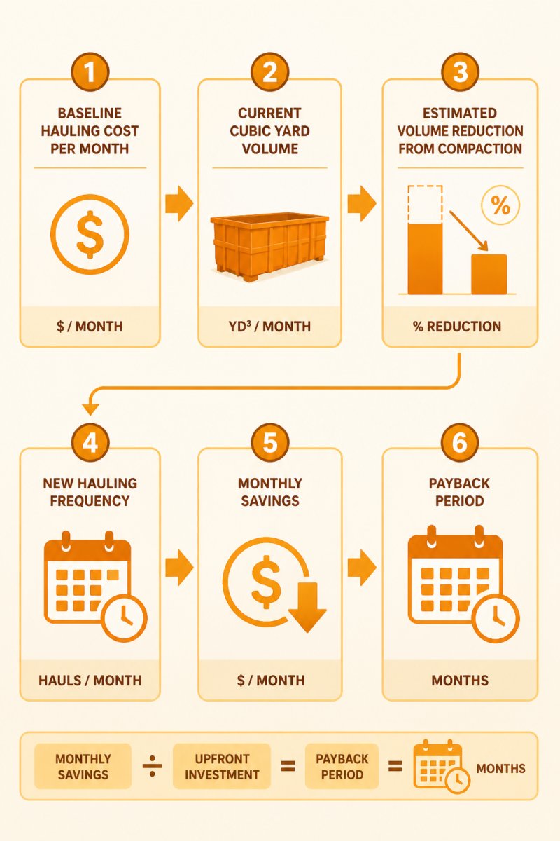 Flowchart showing the ROI calculation steps: 1) Baseline hauling cost per month, 2) Current cubic yard volume, 3) Estimated volume reduction from compaction, 4) New hauling frequency, 5) Monthly savings, 6) Payback period