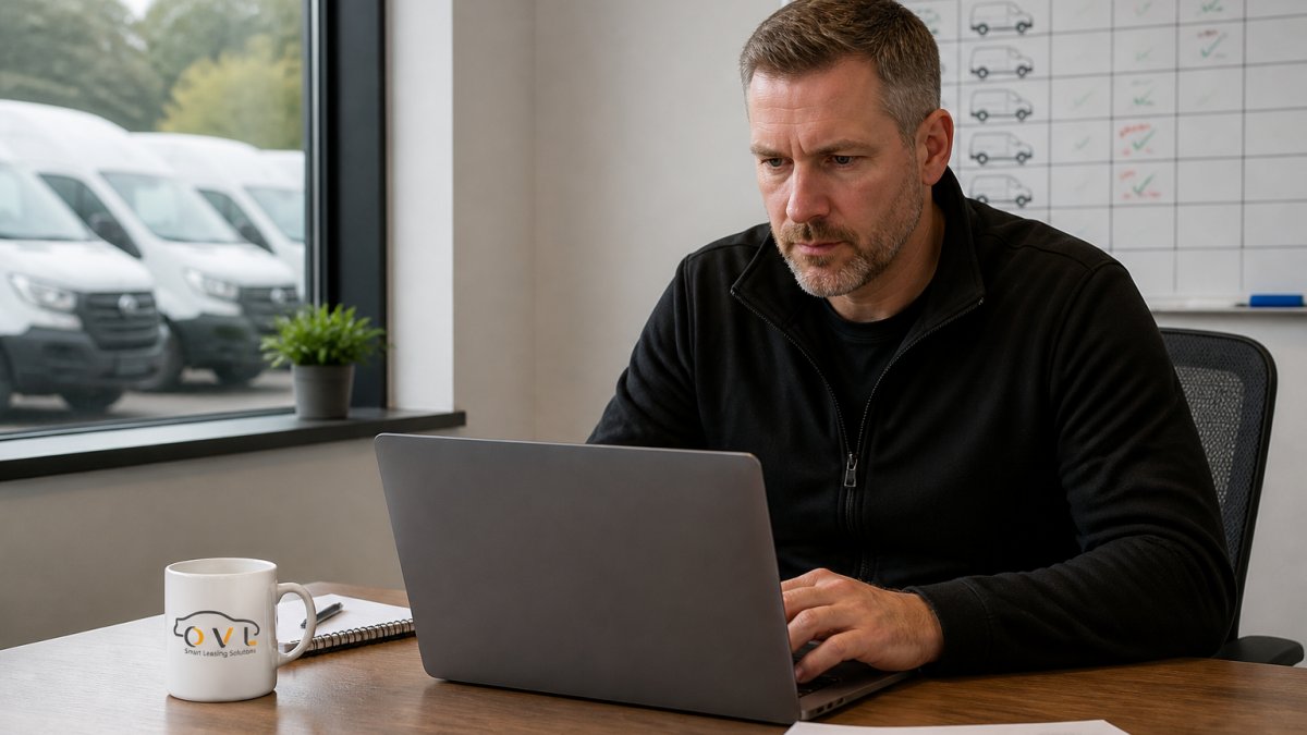 A fleet manager in a bright UK office reviewing vehicle tracking data on a laptop, with a whiteboard showing van route schedules in the background