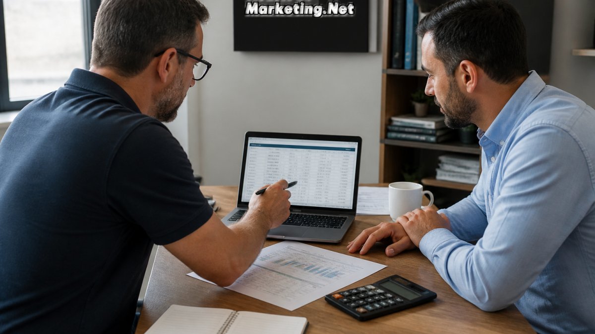 Business owner and consultant reviewing cost data while optimizing Google ads campaigns for higher profitability