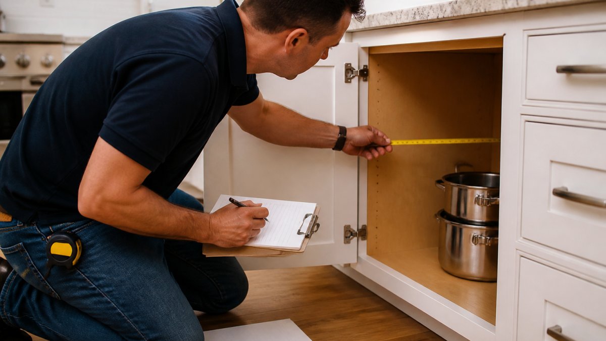 A homeowner kneeling in front of an open kitchen base cabinet with a tape measure and notepad, measuring the interior width while a few stacked pots sit to the side