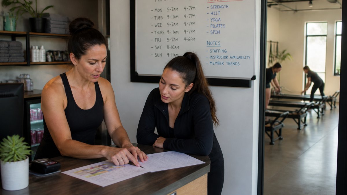 Fitness studio staff reviewing attendance data for labor scheduling