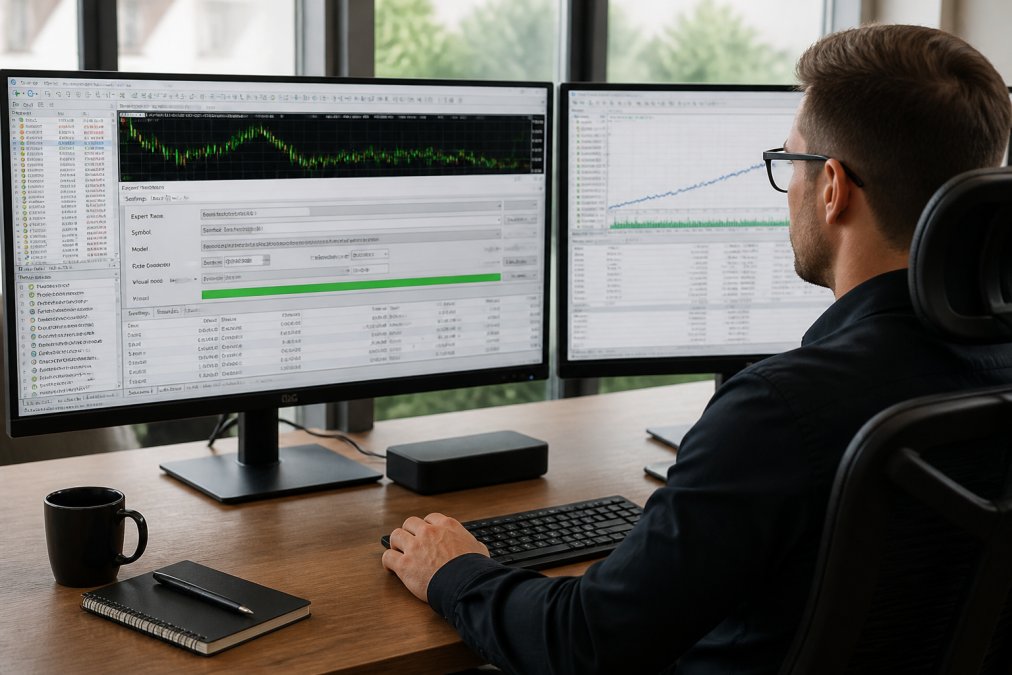 Professional trader at multi-monitor desk setup displaying MT5 platform with optimization parameters visible, equity curve graph on secondary monitor, modern office with natural lighting