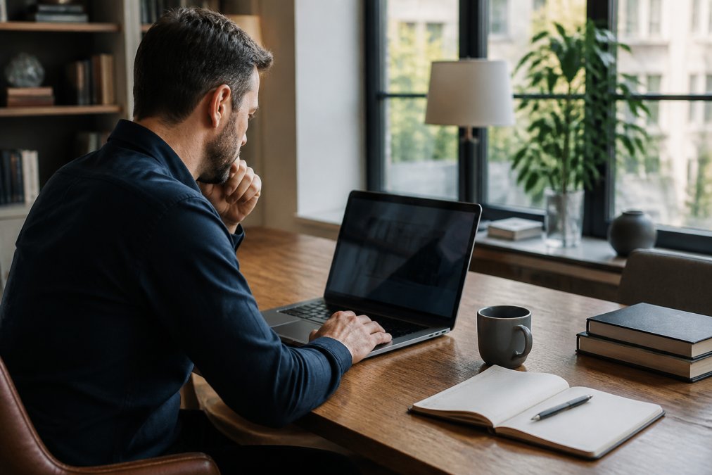 Analyst reviewing trading performance metrics and walk-forward analysis results on laptop screen in professional office setting with organized workspace and natural window lighting