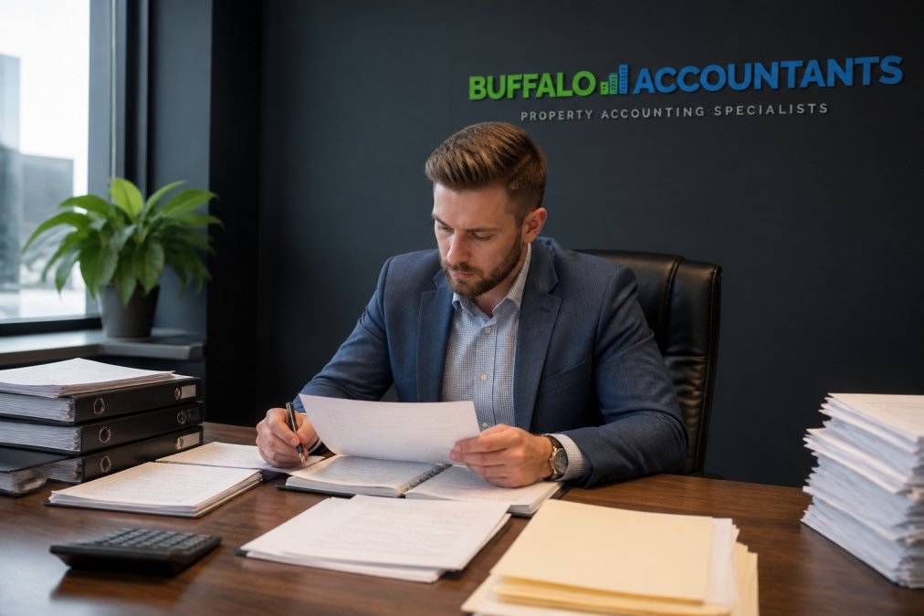 Professional property manager reviewing financial statements and reports on a laptop at a desk with organized files and accounting documents nearby
