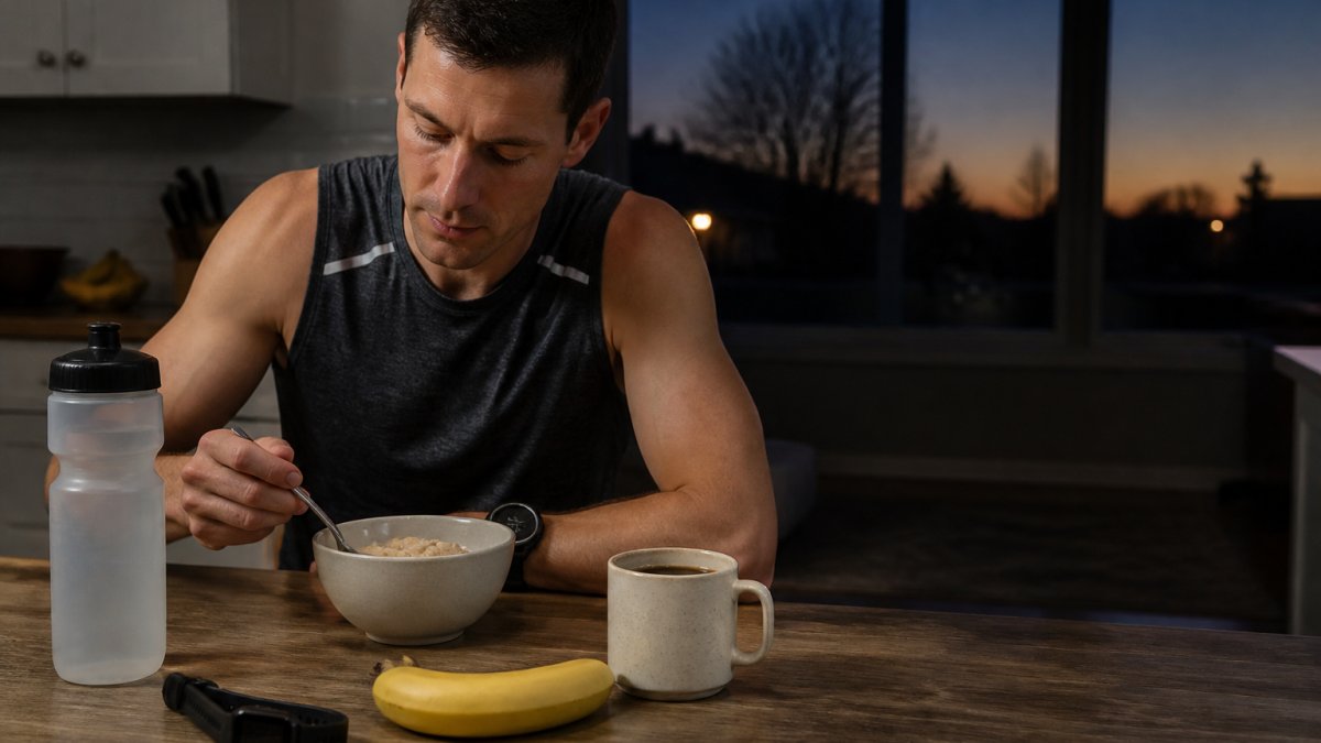 A runner in workout gear sitting at a kitchen table before dawn, eating oatmeal from a bowl with a banana and a mug of black coffee beside a training watch and water bottle