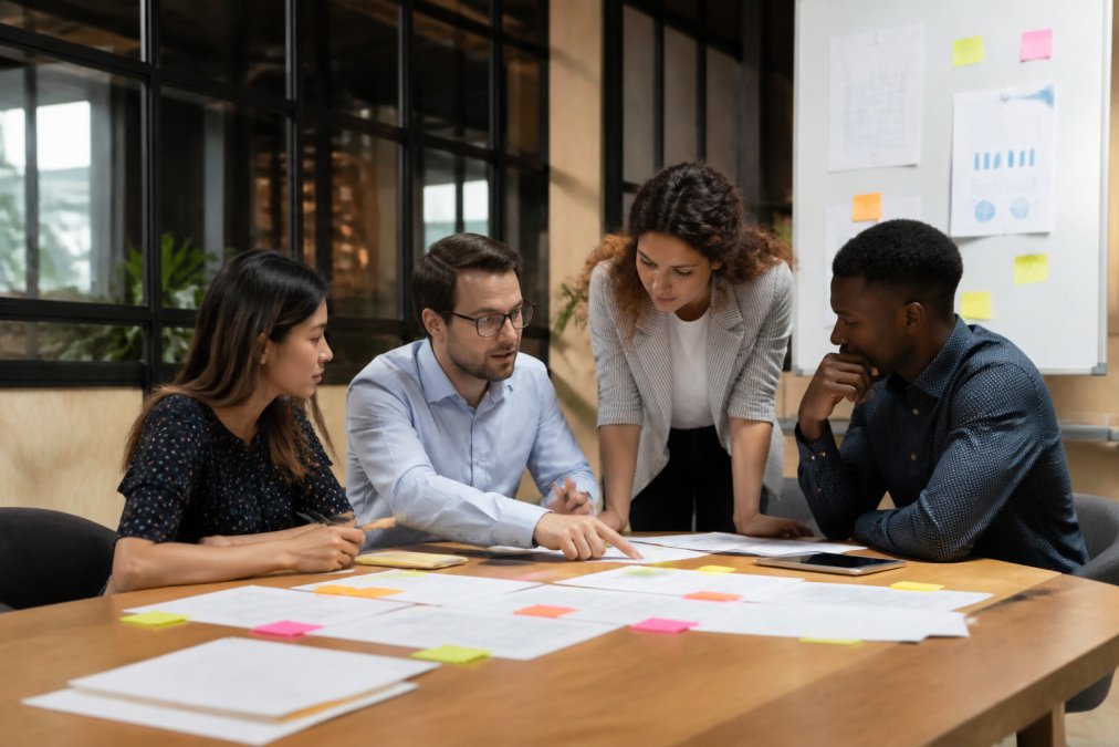 A sales team in a modern office reviewing account targeting data on a large screen, with sticky notes and strategy documents on the table