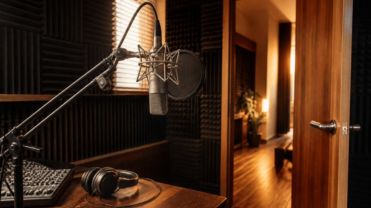 Professional microphone and acoustic foam setup for optimizing podcast audio for professional physical release
