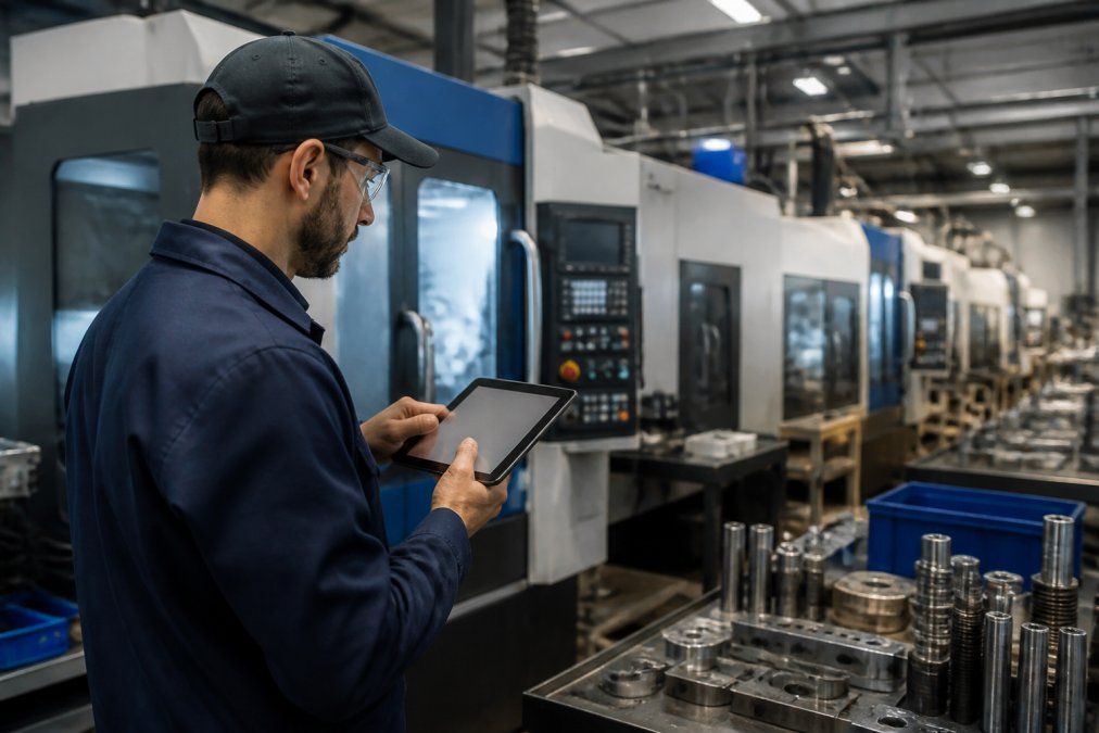 Manufacturing technician using a tablet for optimizing production efficiency with smart sensors on a factory floor