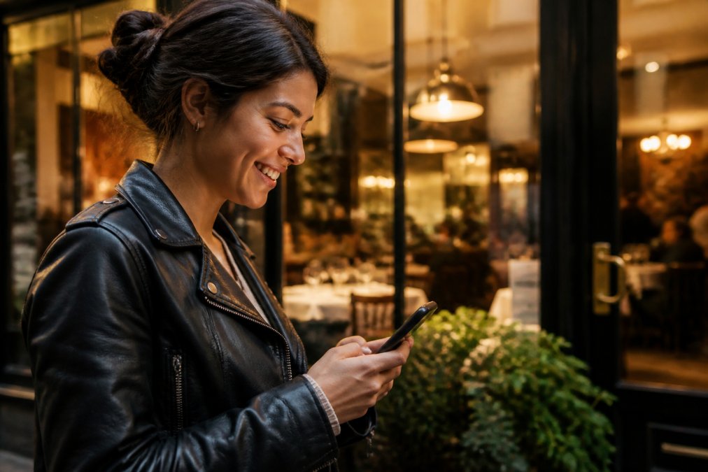 A customer holding a smartphone outside a restaurant, viewing the menu and tapping the call button, with warm evening light and the restaurant storefront softly blurred behind them