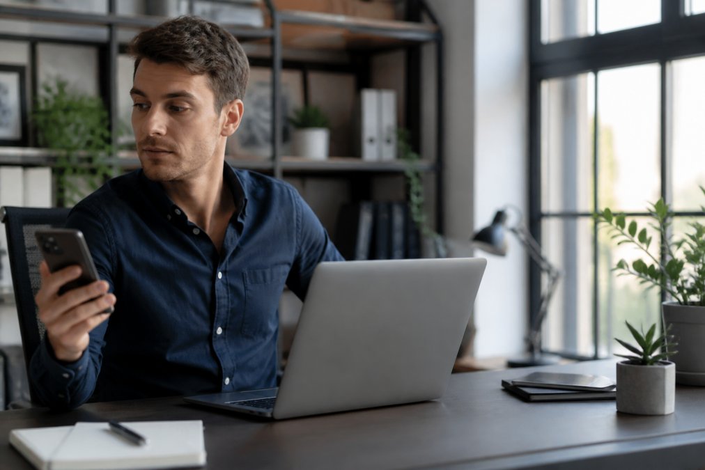 Sales representative checking a mobile notification to prioritize a sales follow up in a modern office