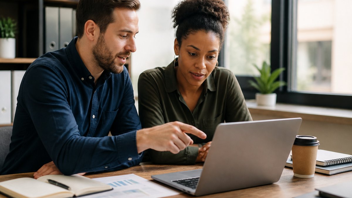 Two sales professionals at a desk reviewing a lead scoring dashboard on a laptop, one pointing at the screen, papers and coffee nearby in a bright office