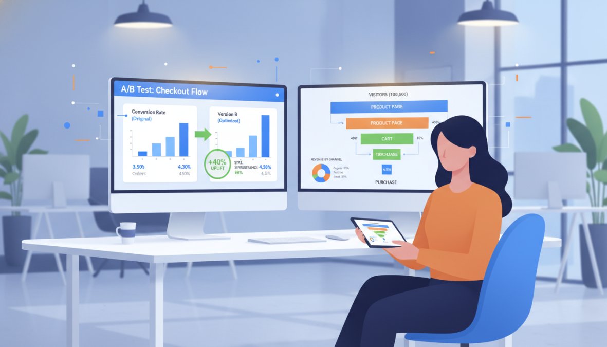Marketing professional in a modern open-plan office sitting at a desk with two large monitors displaying colorful analytics dashboards and conversion funnel graphs, reviewing results with focused expression under warm overhead lighting