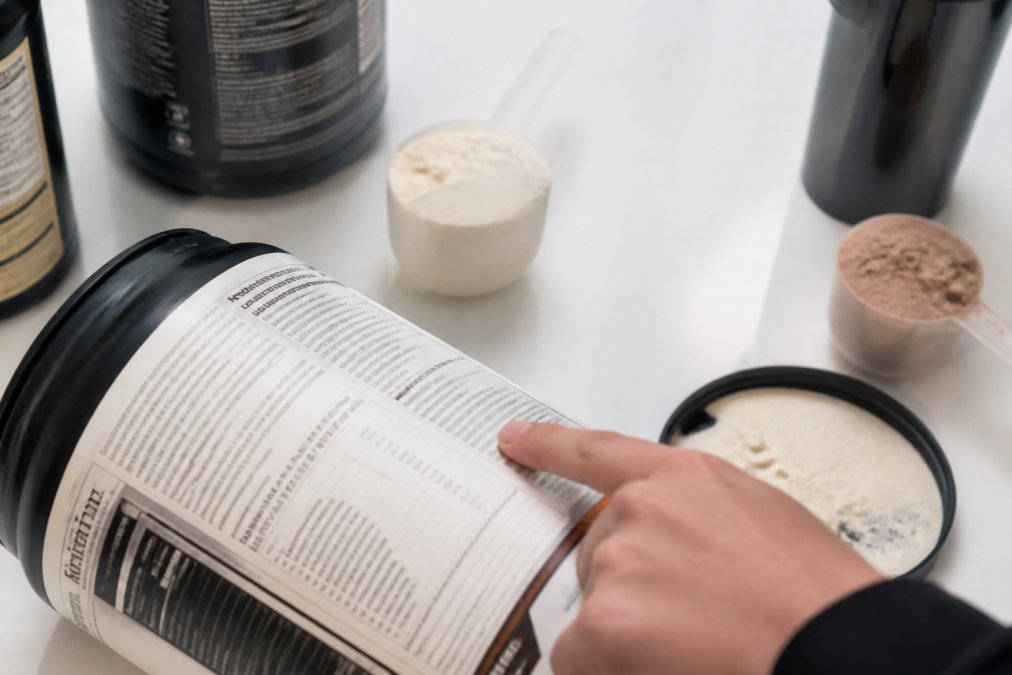 Close-up of protein powder scoops and ingredient labels spread on a white surface, with a person's hand pointing to specific ingredient text on a nutrition label