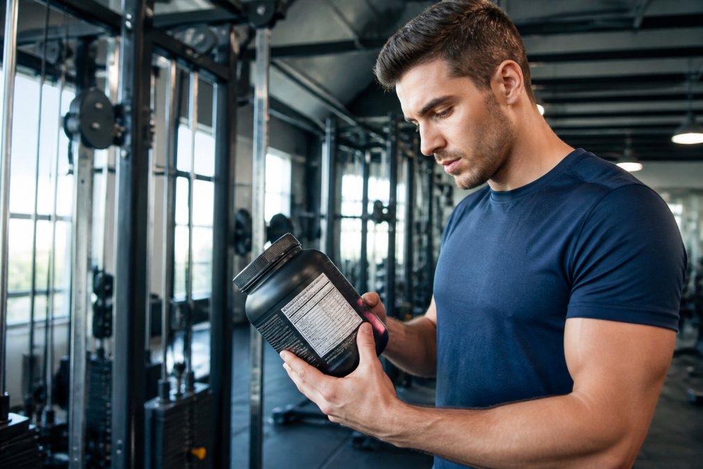 Athlete in a gym setting holding a protein powder container, examining the nutrition label closely under bright lighting