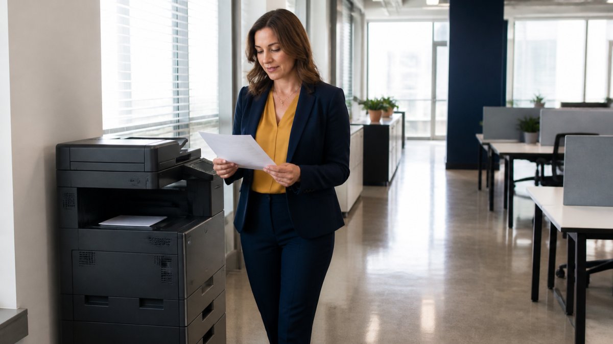 An office manager in a bright open-plan office reviewing a printed document beside a floor-standing commercial copier, morning light through window blinds