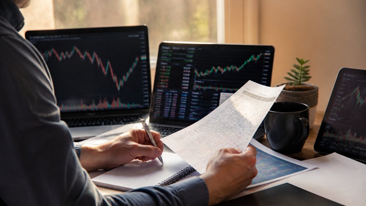 Focused trader analyzing data on multiple monitors to weigh options vs stock trading earnings potential