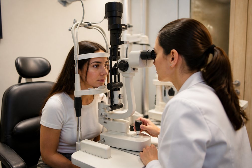 Optometrist performing comprehensive eye exam on patient using advanced diagnostic equipment in modern clinical setting with warm lighting and professional office environment