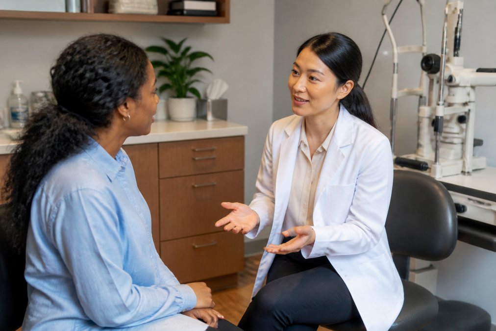 Patient consulting with eye care professional in warm, inviting office environment, discussing vision concerns and treatment options with friendly, attentive doctor