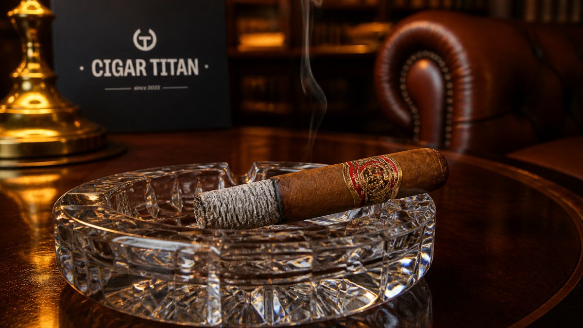 Close-up of a lit Opus X 25th Anniversary cigar resting in a crystal ashtray on a dark wood table, with a neat stack of white ash and a thin ribbon of smoke rising against warm library lighting