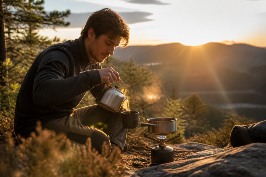 En rejsende laver kaffe på et stormkøkken til opvarmning af vand uden strøm i skovens sollys.