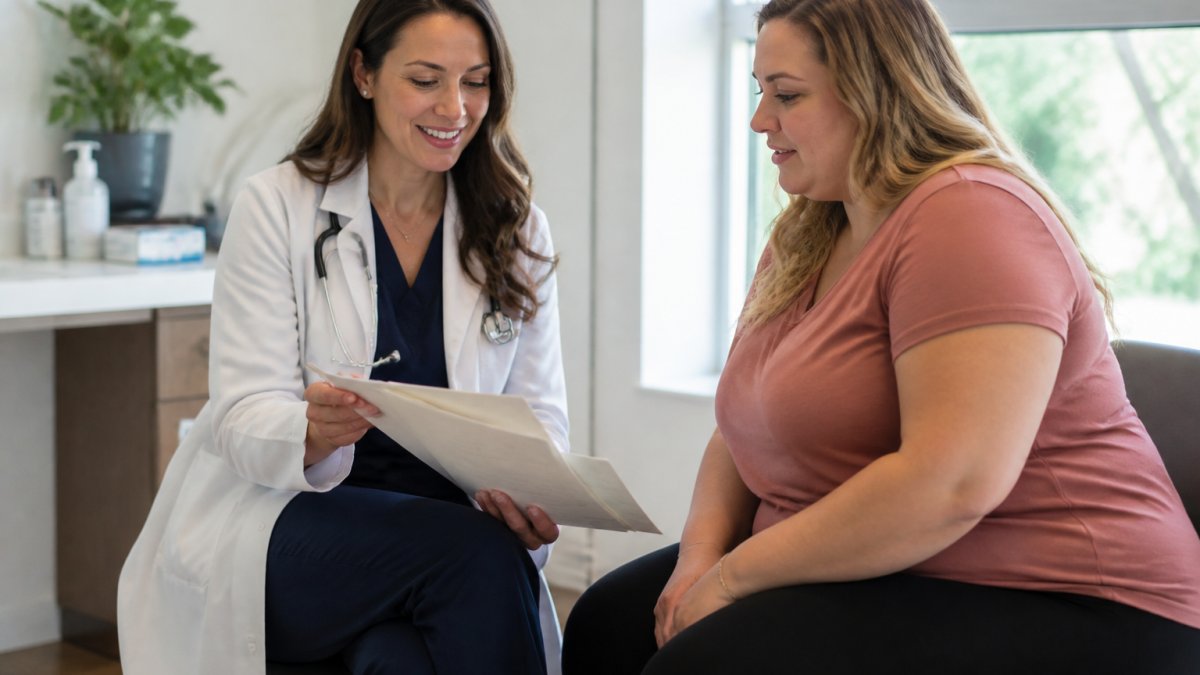 Healthcare provider reviewing weight loss progress charts and clinical trial data with patient in modern medical office with natural lighting