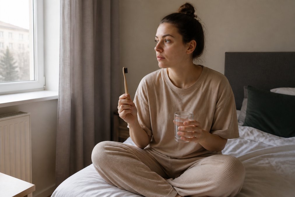Person sitting on bed in comfortable clothing holding a soft-bristled toothbrush and water glass, showing accessible hygiene during low-energy periods, natural morning light from window