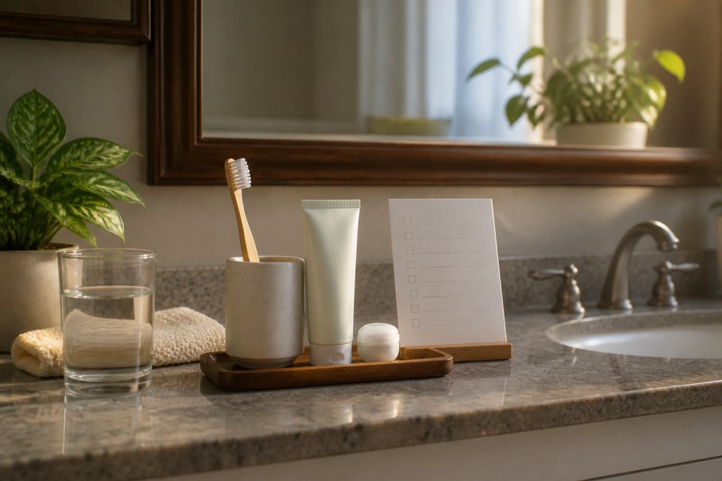 Close-up of bathroom mirror with simple routine checklist card, water glass, and gentle dental care products arranged accessibly on counter, warm morning light