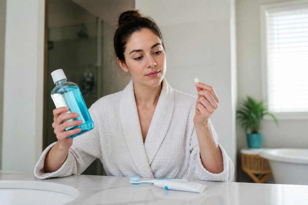 Person in a bright bathroom comparing a bottle of mouthwash and a probiotic capsule by the sink