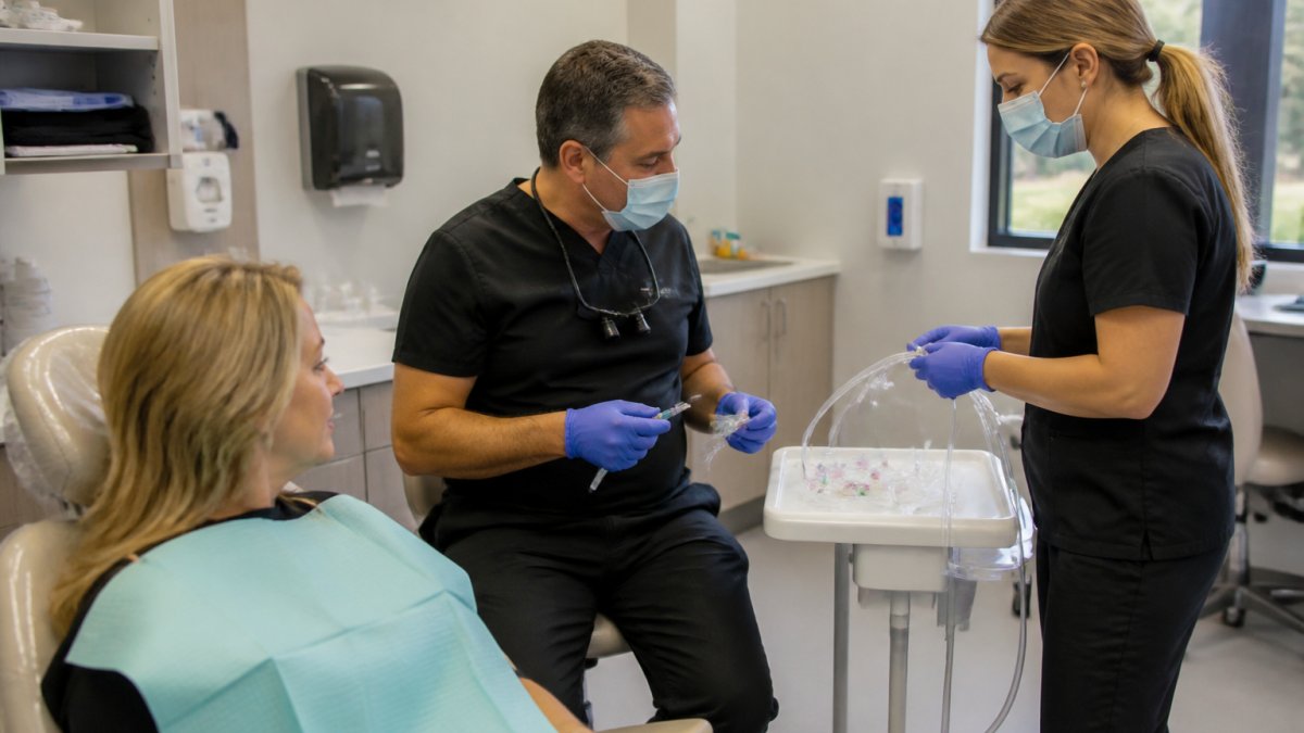 Infographic timeline showing the clinical prep process for oral sedation vs IV sedation in a dental office.