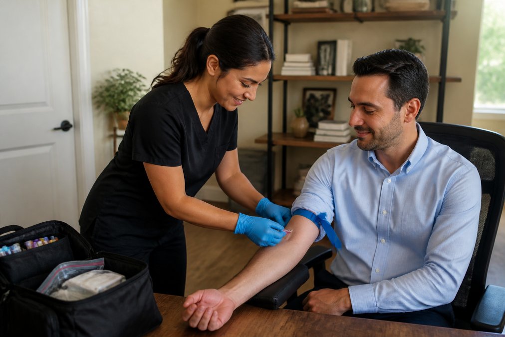 Licensed phlebotomist from Orange County Labs performing a mobile blood draw for a professional in a home office