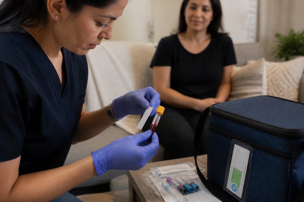 Close-up of a gloved phlebotomist's hands labeling a blood collection tube next to a cooler bag with temperature indicator, set against a clean home environment