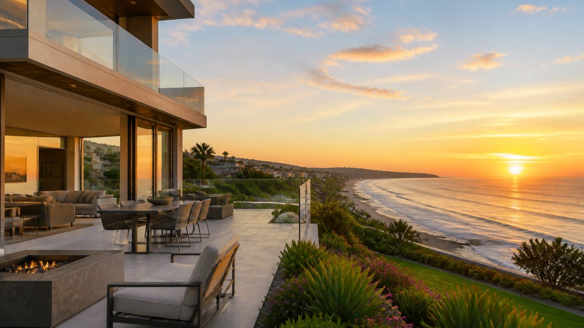 A coastal Orange County luxury home with ocean views, modern architecture, and a landscaped terrace overlooking the Pacific at golden hour