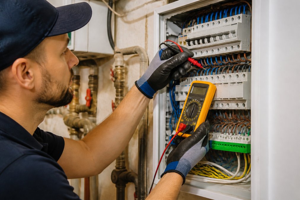 Elektrikų specialistas atliekantis elektros instaliacijos papildymą prie pagrindinės lentelės, su voltmetru ir specialiais įrankiais
