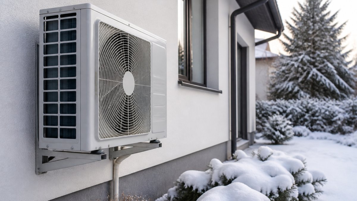 A modern outdoor air-to-air heat pump unit mounted on a house wall in winter, with frost on the ground and snow on nearby bushes, showing the unit operating in cold weather