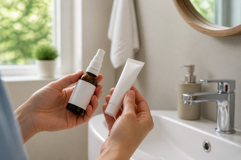 Close-up of a person's hands holding a nasal spray bottle and gel tube beside a bathroom sink, morning light through a window, calm and clean setting
