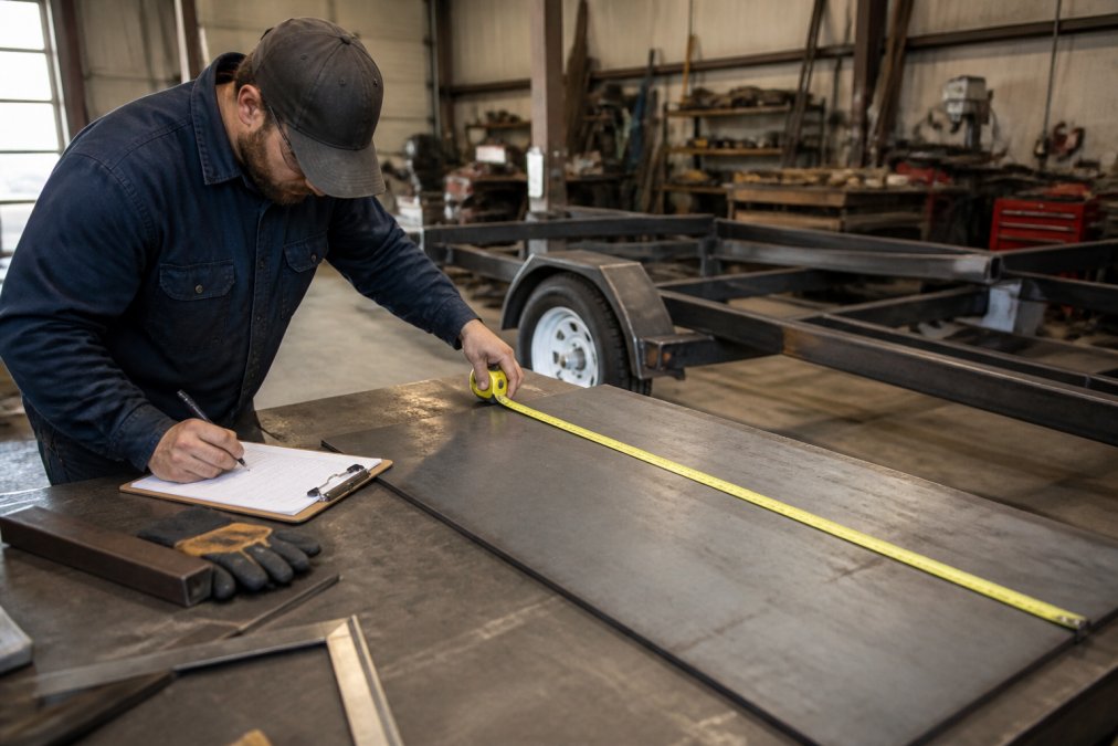 Fabricator measuring a metal plate with a tape measure to calculate weight for a trailer frame project