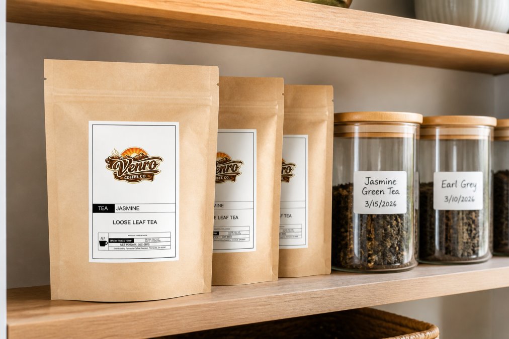 Artisan tea storage setup showing kraft paper pouches and glass containers labeled with tea names and dates on a wooden shelf in a cool, dry pantry space with soft natural light