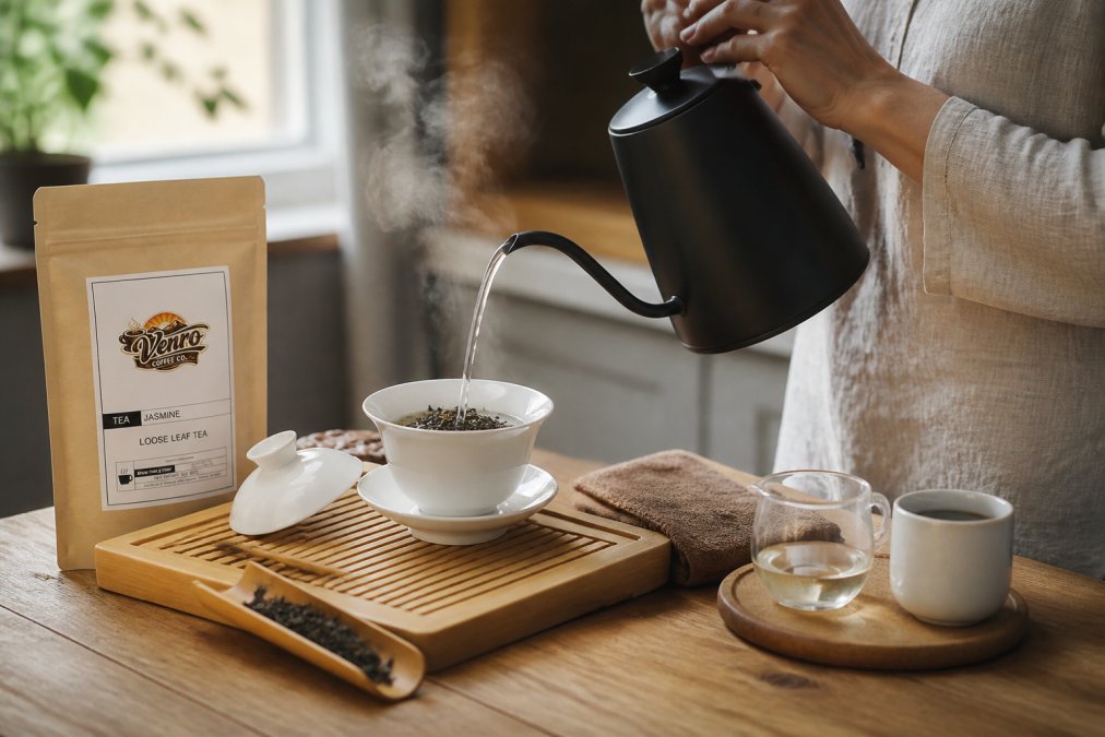 Close-up of hands pouring hot water from a gooseneck kettle into a white gaiwan with visible loose leaf tea, steam rising gently, warm natural lighting from a kitchen window