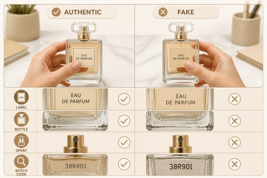 Close-up of hands comparing two perfume bottles side by side, examining labels and batch codes under natural office lighting with bottles positioned on white marble surface