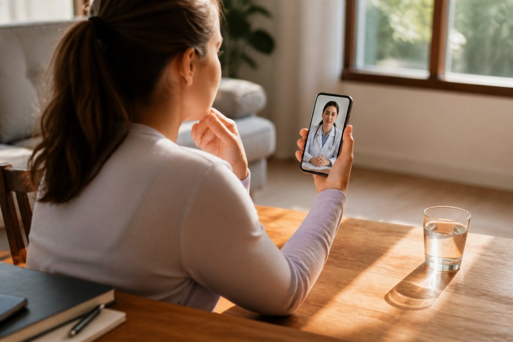 Person holding smartphone displaying telehealth consultation interface, sitting at desk with glass of water nearby, natural afternoon lighting