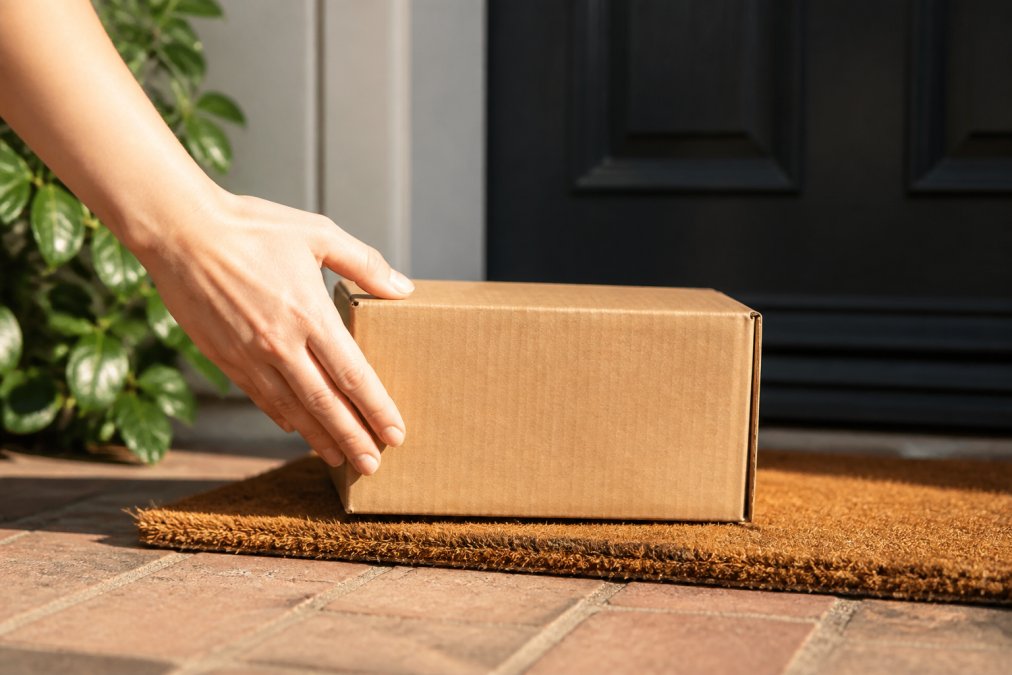 Close-up of delivery package arriving at residential doorstep, person's hand reaching for box, morning sunlight