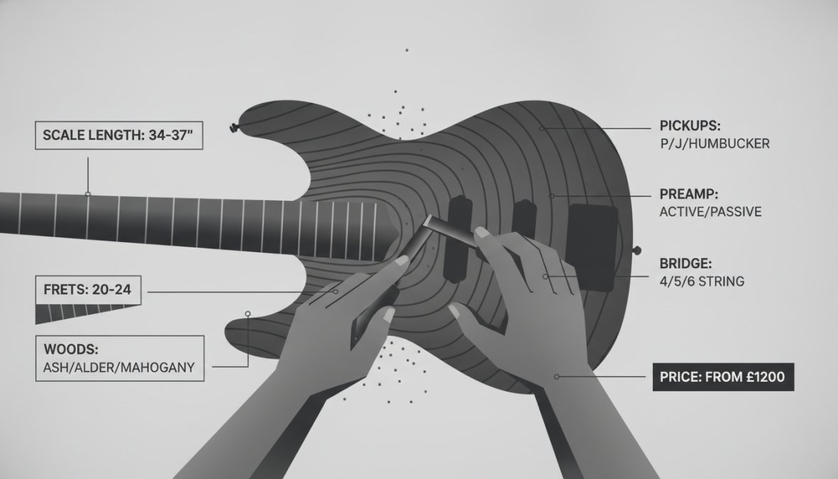 Visual roadmap for Close-up of a luthier's hands working on a custom bass body, showing wood grain detail and crafts...